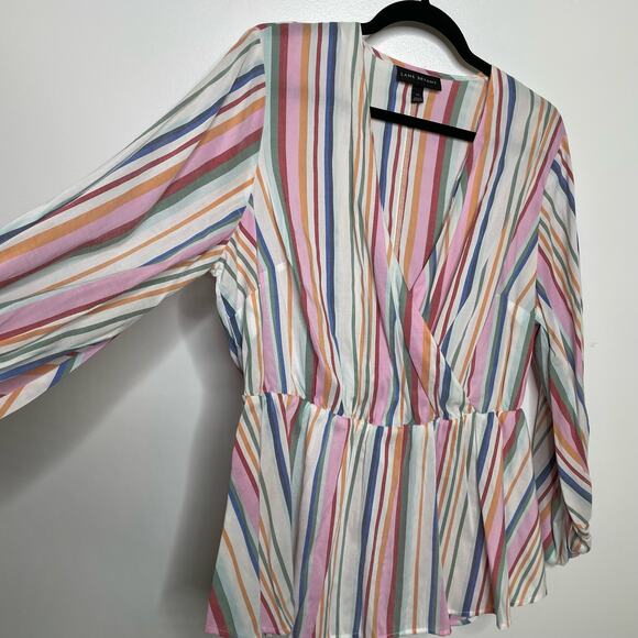 Lane Bryant‎ Faux Wrap Top Peplum Blouse V-Neck Elastic Cuff Stripe Rainbow 16 - Picture 3 of 11